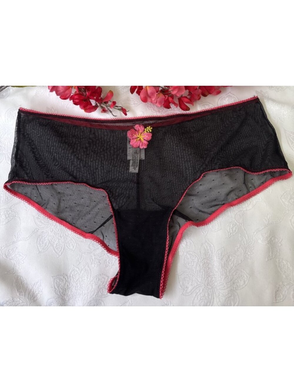 VICTORIA'S SECRET XL MESH EMBROIDERED PINK RED ROSE BLACK CHEEKY PANTIES NWT